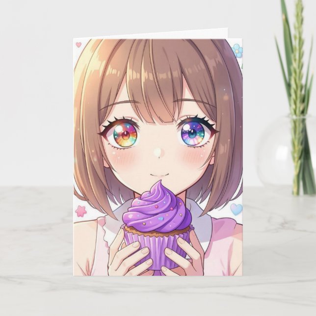 Anime Flickas Födelsedag och Målarsida Kort (Framsida)