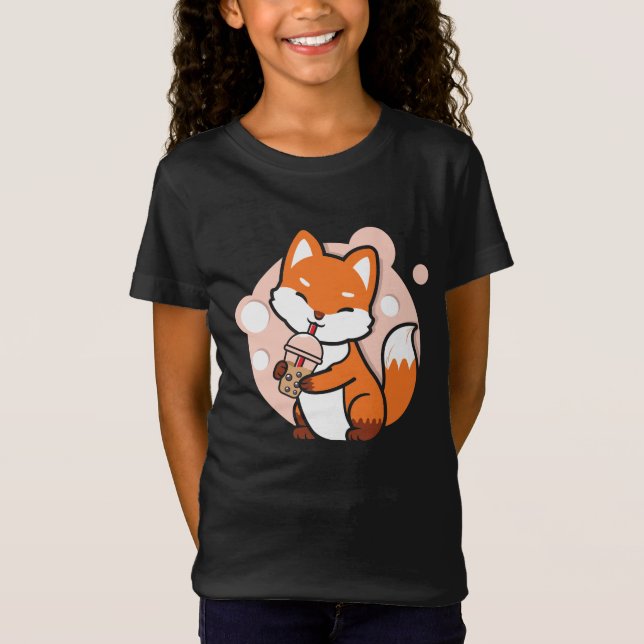 Anime Fox Drinking Boba Tea Girls Graphic T Shirt (Framsida)