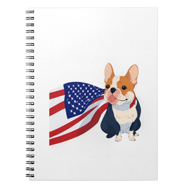 Anime Fransk Bulldog med USA flagga Anteckningsbok (Framsidan)