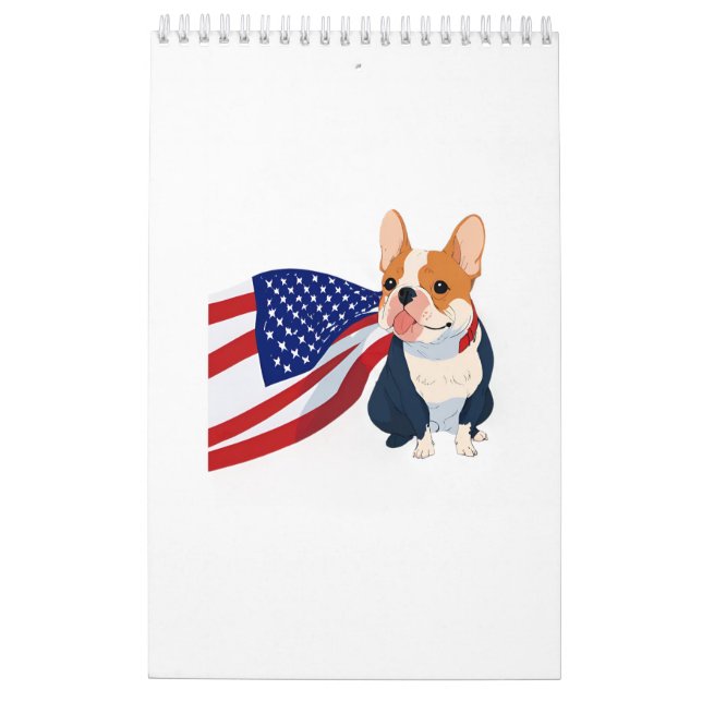 Anime Fransk Bulldog med USA flagga Kalender (Baksida)