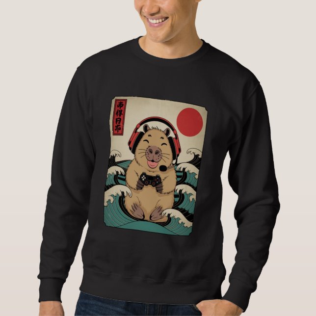 Anime Gamer Capybara Japanese Art Gaming Gifts Men Lång Ärmad Tröja (Framsida)