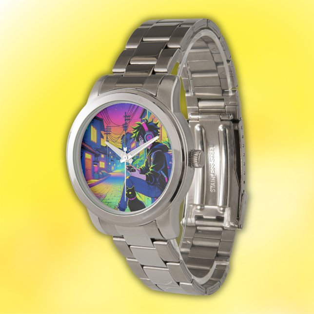 Anime Gamer med svart katt | Armbandsur (Skapare uppladdad)