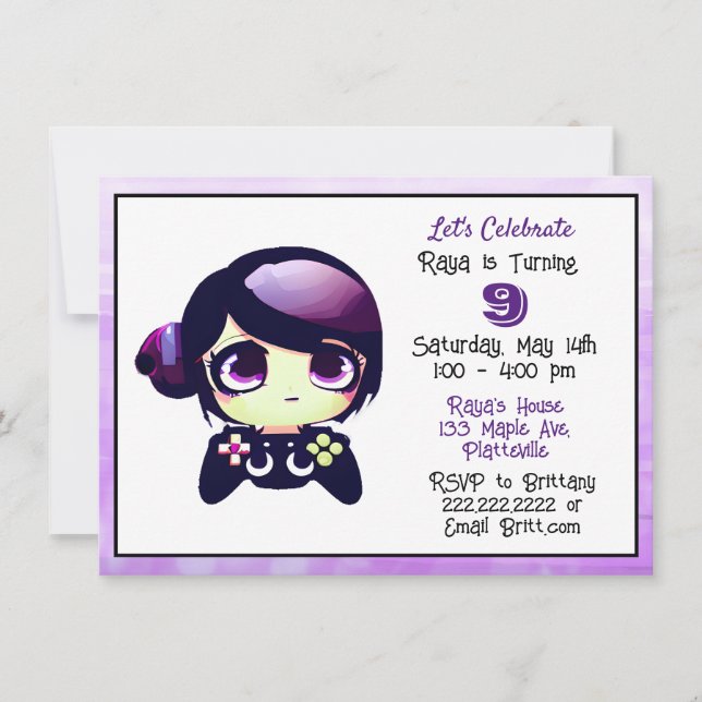 Anime Gaming Girl Lila and Black Barn Birthday Inbjudningar (Framsida)