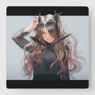 Anime girl #4 fyrkantig klocka