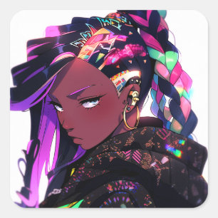 Anime Girl African American Art Fyrkantigt Klistermärke
