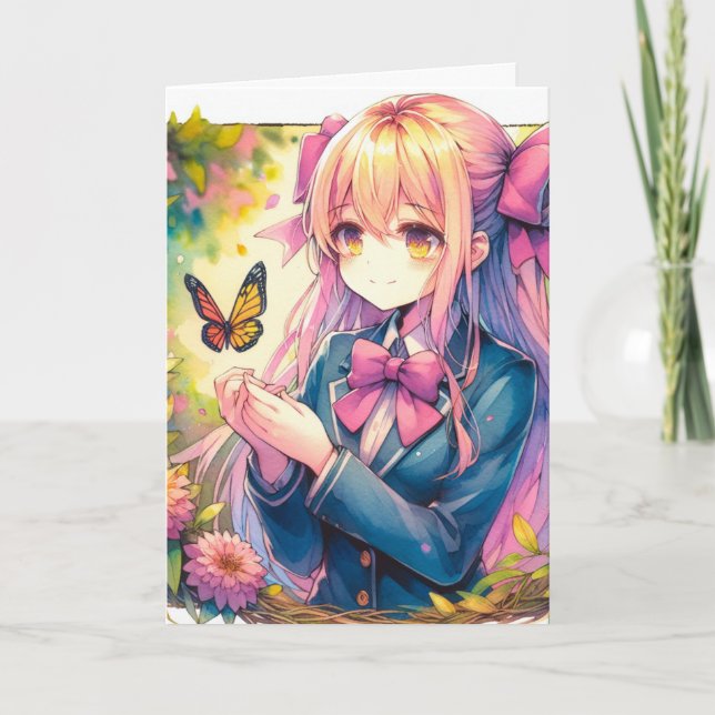 Anime Girl and Butterfly Birthday Färg Page Kort (Framsida)