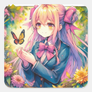 Anime Girl and Butterfly Watercolor Ai Art Fyrkantigt Klistermärke