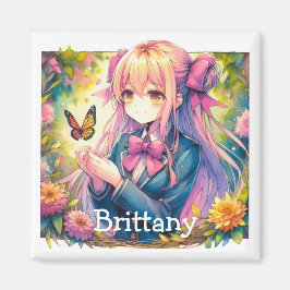 Anime Girl and Butterfly Watercolor Ai Art Magnet