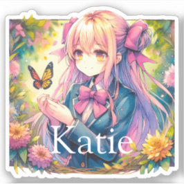 Anime Girl and Butterfly Watercolor Personlig Klistermärken
