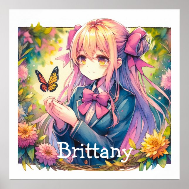 Anime Girl and Butterfly Watercolor Personlig Poster (Framsidan)