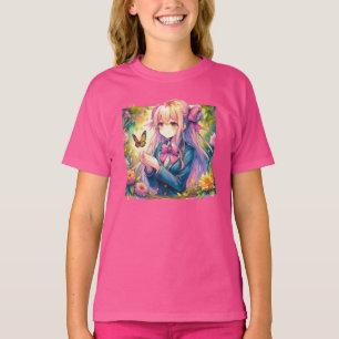 Anime Girl and Butterfly Watercolor T Shirt