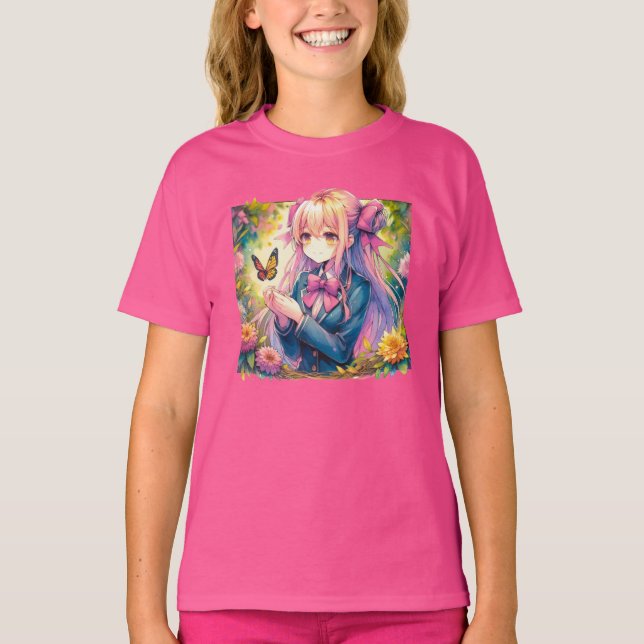Anime Girl and Butterfly Watercolor T Shirt (Framsida)