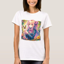 Anime Girl and Butterfly Watercolor T Shirt
