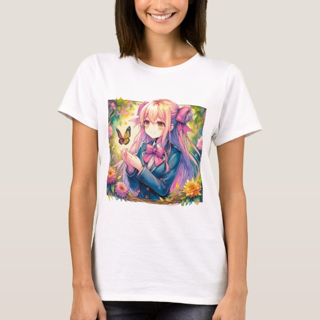 Anime Girl and Butterfly Watercolor T Shirt (Framsida)