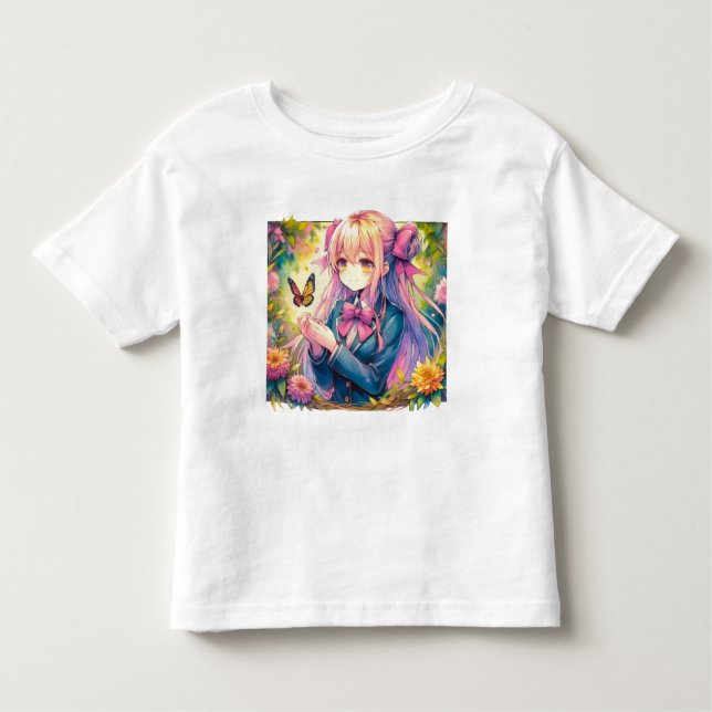 Anime Girl and Butterfly Watercolor T Shirt (Framsida)