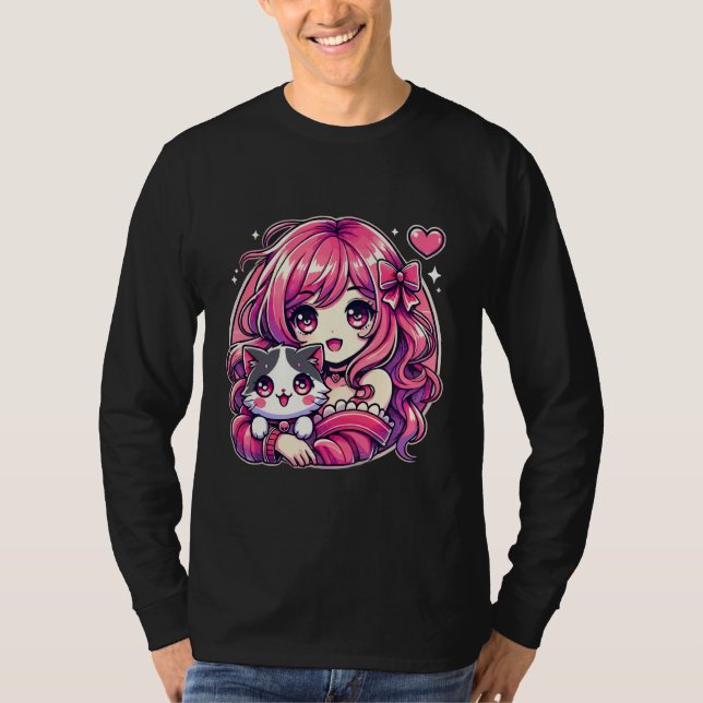 Anime Girl and Cat Kawaii Manga Girl T Shirt (Framsida)