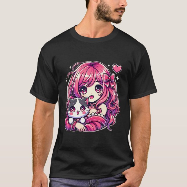 Anime Girl and Cat Kawaii Manga Girl T Shirt (Framsida)
