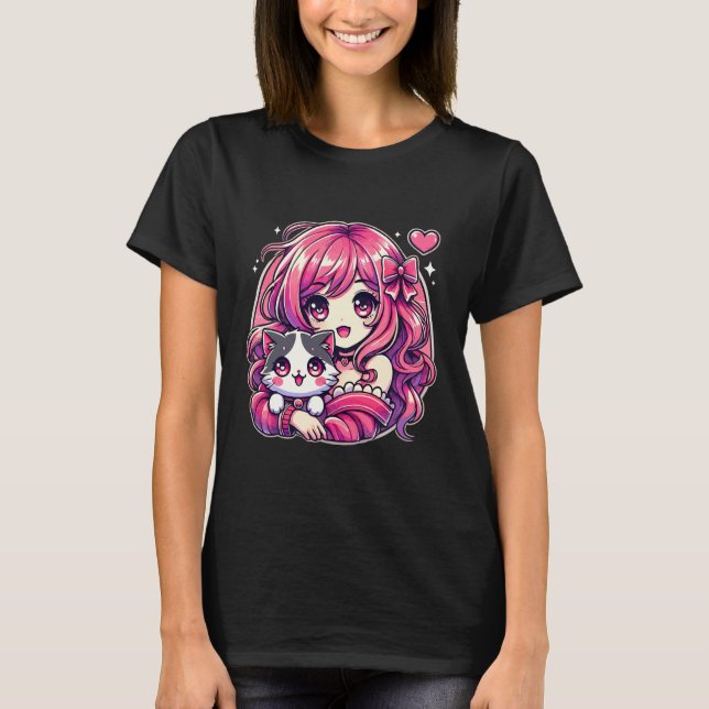 Anime Girl and Cat Kawaii Manga Girl T Shirt (Framsida)