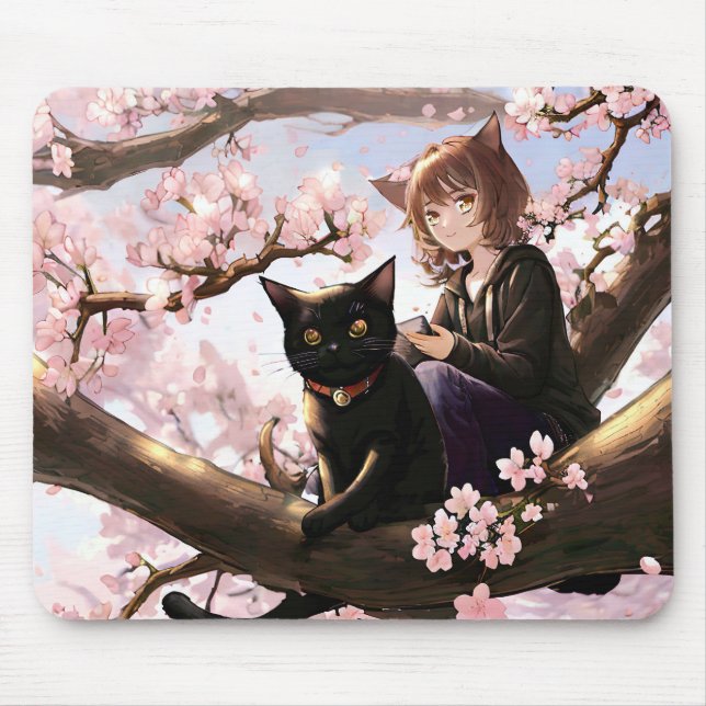 Anime Girl and Cat on a Cherry Blommar Träd Musmatta (Framsidan)