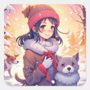 Anime Girl and Hundar med julbakgrund Fyrkantigt Klistermärke