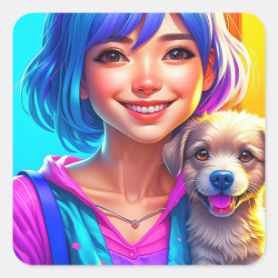 Anime Girl and Puppy Hund Fyrkantigt Klistermärke