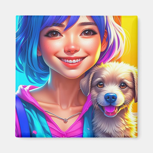 Anime Girl and Puppy Hund Magnet (Framsidan)