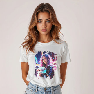 Anime Girl and Puppy: Whimsical Night City T Shirt