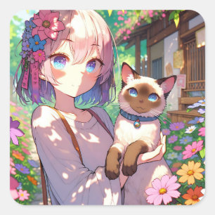 Anime Girl and Siamese Cat Fyrkantigt Klistermärke