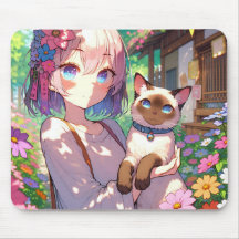 Anime Girl and Siamese Cat
