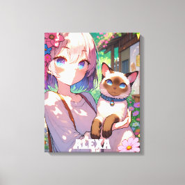 Anime Girl and Siamese Cat Personlig Canvastryck