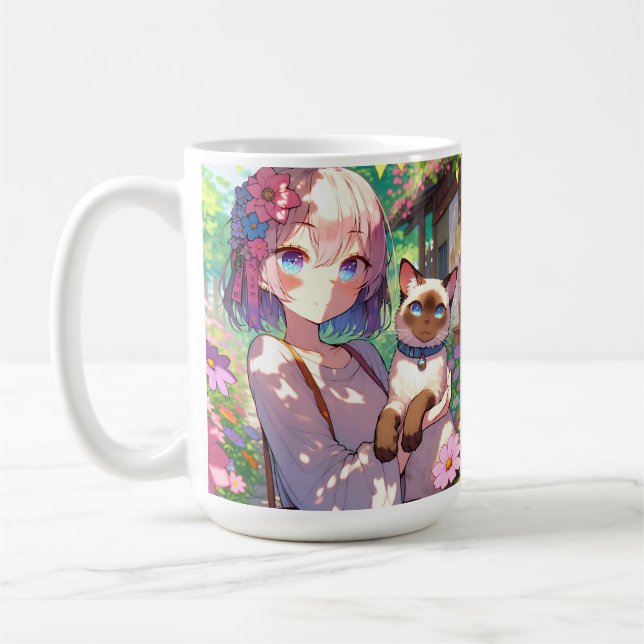 Anime Girl and Siamese Cat Personlig Kaffemugg (Vänster)