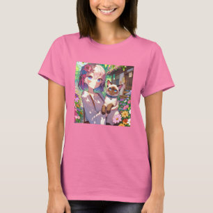 Anime Girl and Siamese Cat T Shirt
