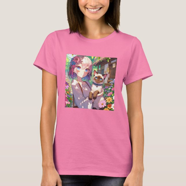 Anime Girl and Siamese Cat T Shirt (Framsida)