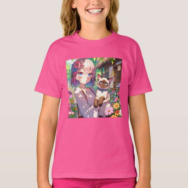 Anime Girl and Siamese Cat T Shirt (Framsida)