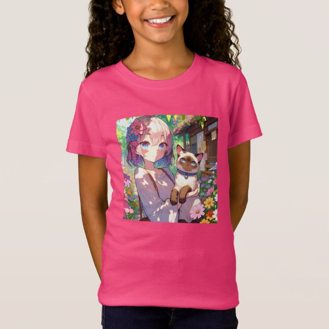 Anime Girl and Siamese Cat T Shirt (Framsida)