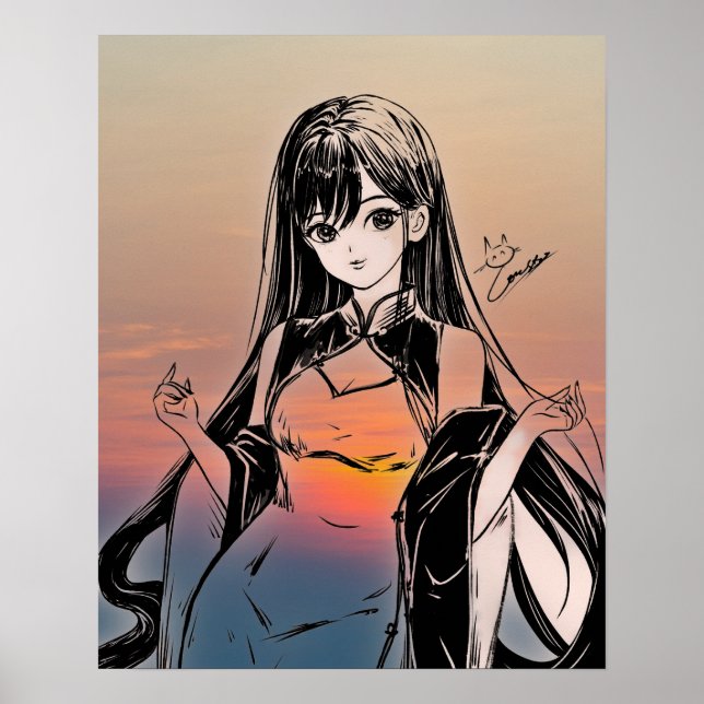 Anime Girl and Sunset Costume Illustration Poster (Framsidan)