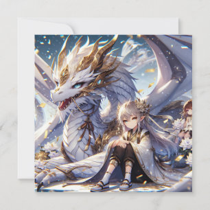 Anime Girl and White and Guld Dragon