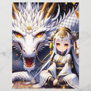 Anime Girl and White and Guld Dragon