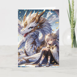 Anime Girl and White and Guld Dragon Birthday Kort