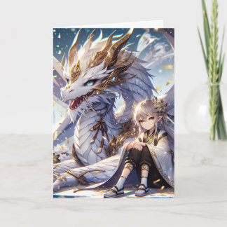Anime Girl and White and Guld Dragon Birthday Kort