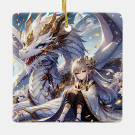 Anime Girl and White and Guld Dragon Julgransprydnad Keramik