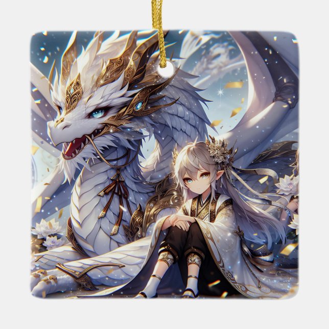 Anime Girl and White and Guld Dragon Julgransprydnad Keramik (Framsida)