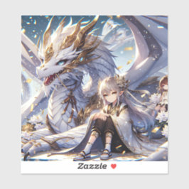 Anime Girl and White and Guld Dragon Klistermärken