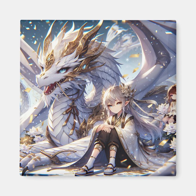 Anime Girl and White and Guld Dragon Magnet (Framsidan)