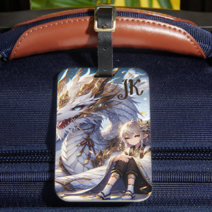 Anime Girl and White and Guld Dragon Monogrammed Bagagebricka