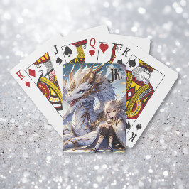 Anime Girl and White and Guld Dragon Monogrammed Casinokort