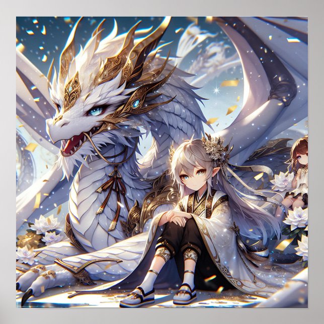 Anime Girl and White and Guld Dragon Poster (Framsidan)