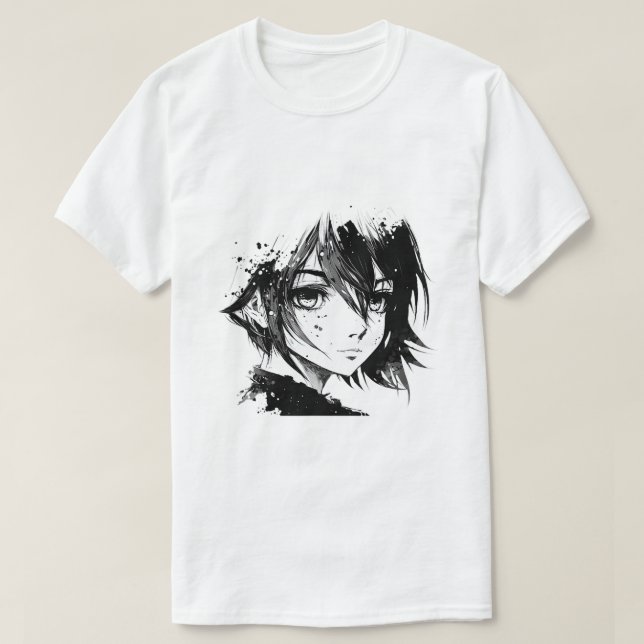 Anime Girl Anime Ögon Bläck Art Sketch Teckning fo T Shirt (Design framsida)
