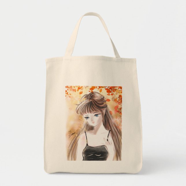 Anime Girl Autumn Höst löv Tote Bag Tygkasse (Framsidan)