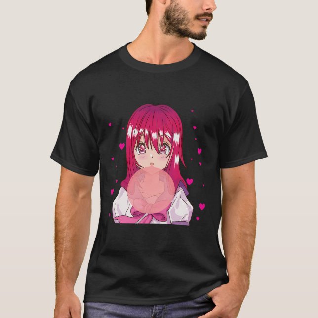 Anime Girl blowing Bubble Japansk Aesthetic Otaku T Shirt (Framsida)
